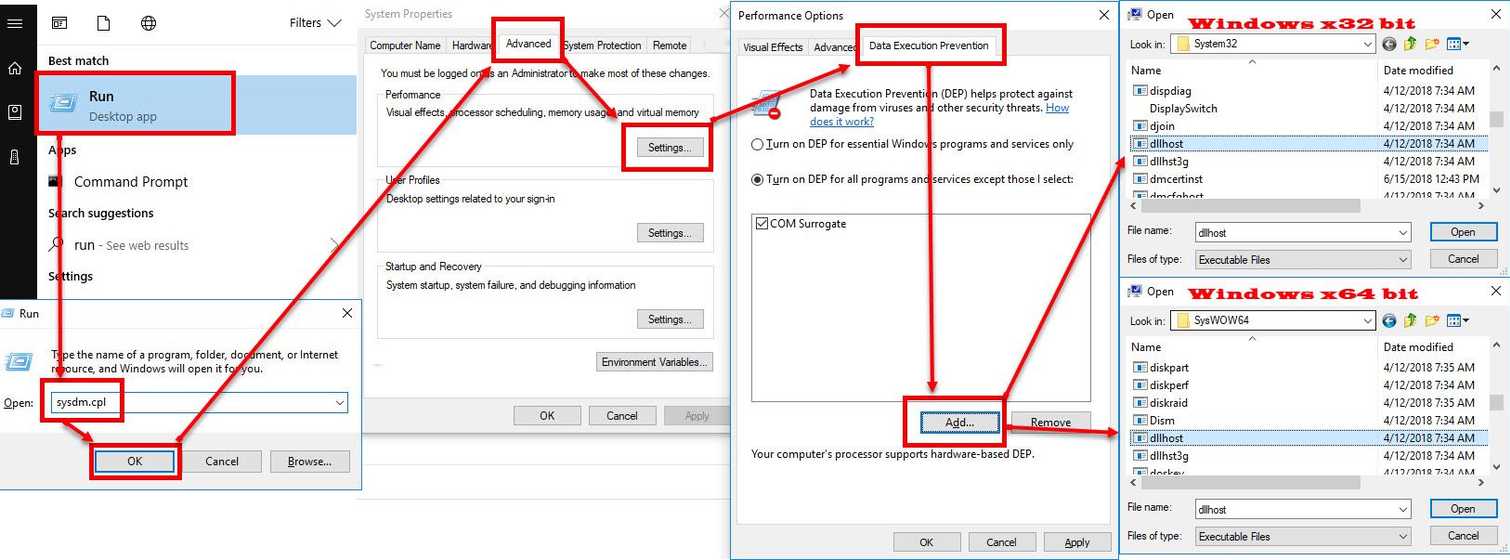 Add dllhost.exe to the DEP Exception