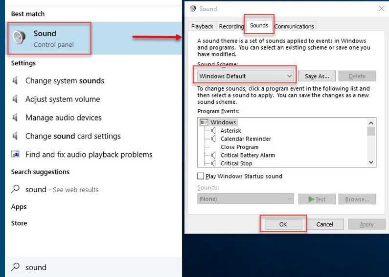 Set Sounds Scheme to Windows Default