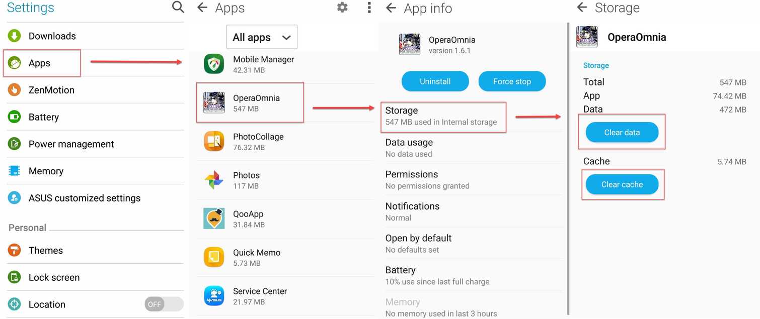 Clear the data and cache of the application