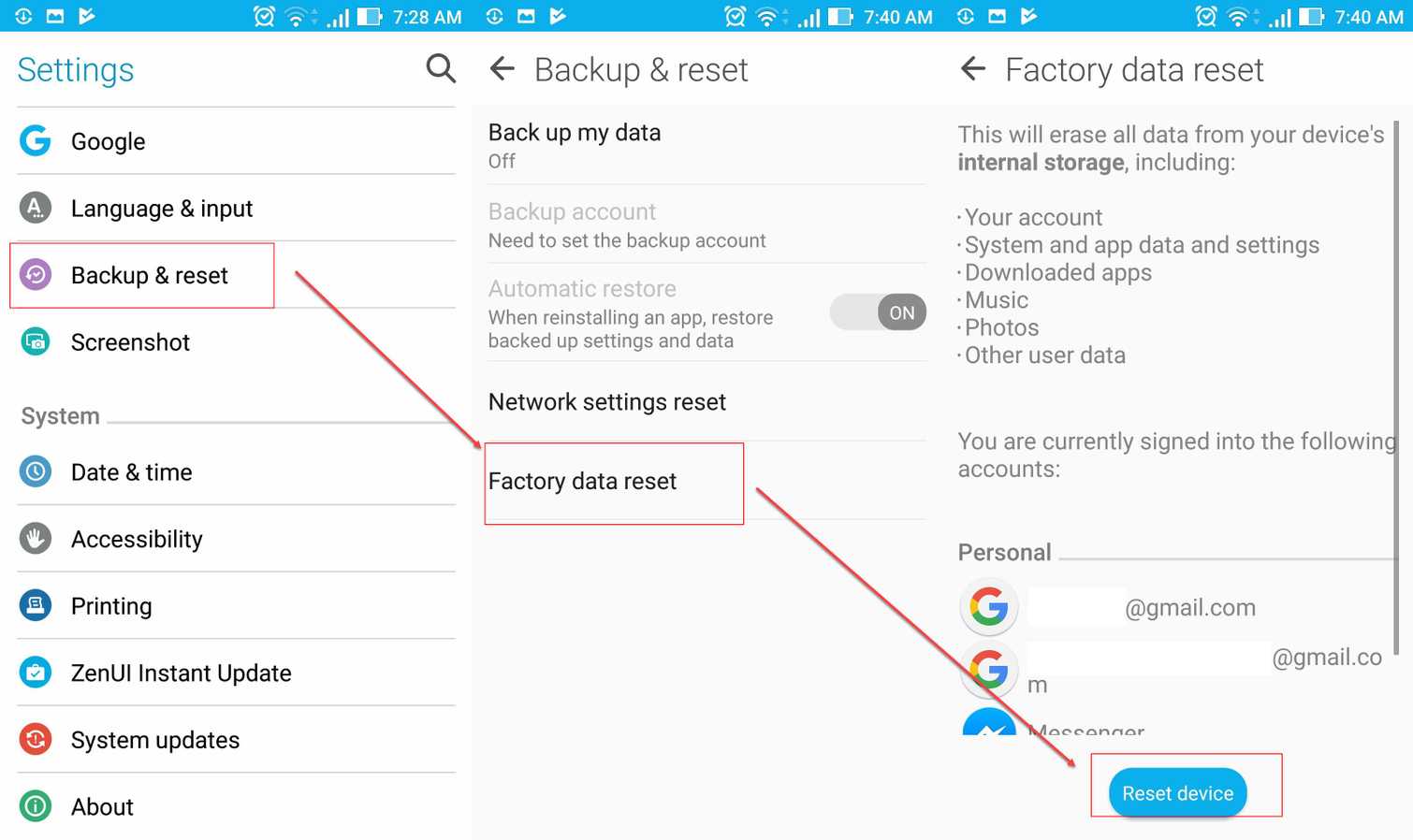 Restore device to factory settings