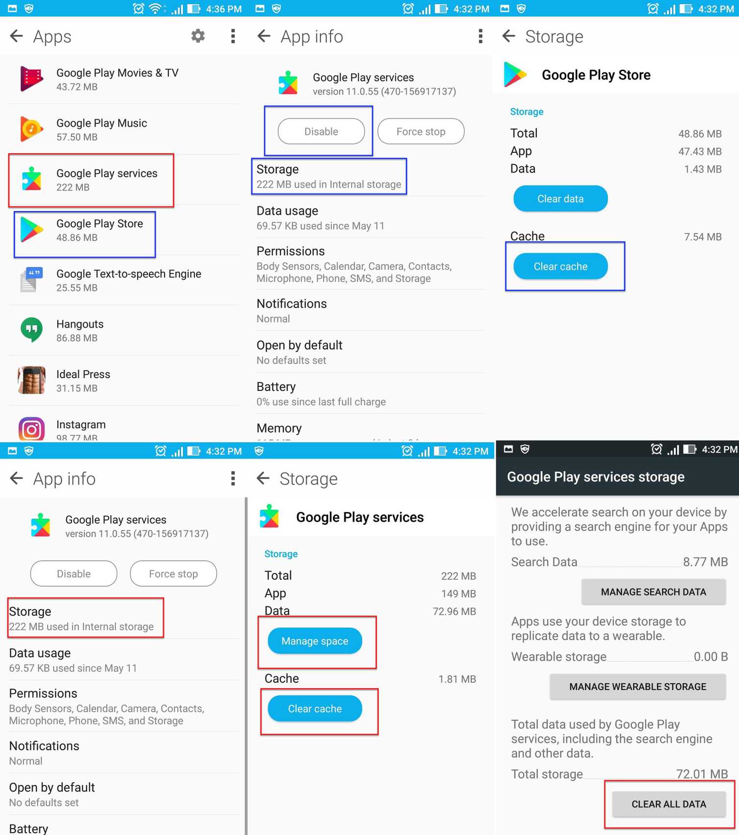 Clear the cache of Google Play store and other services