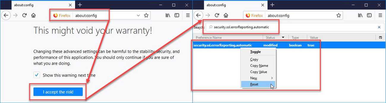 Reset security.ssl.errorReporting.automatic