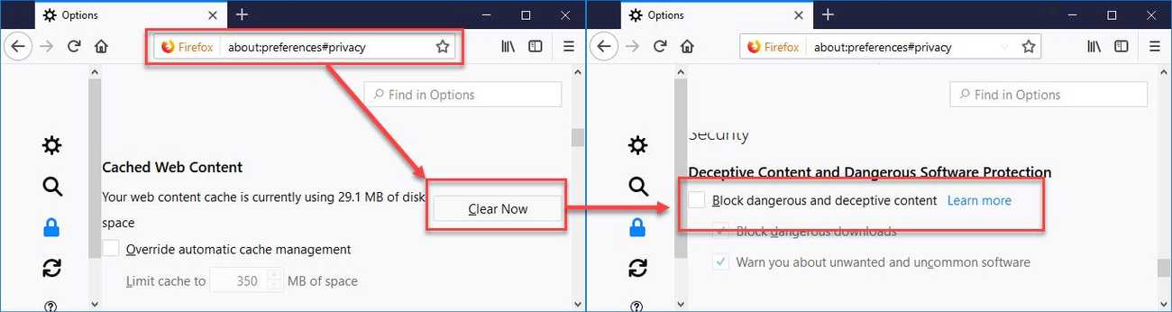 Clear cache and disable Deceptive Content and Dangerous Software Protection