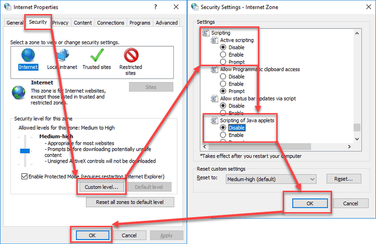 Disable Active Scripting and Scripting of Java applets
