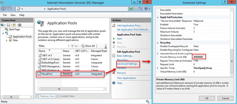 Start WsusPool and increase Private Memory Limit