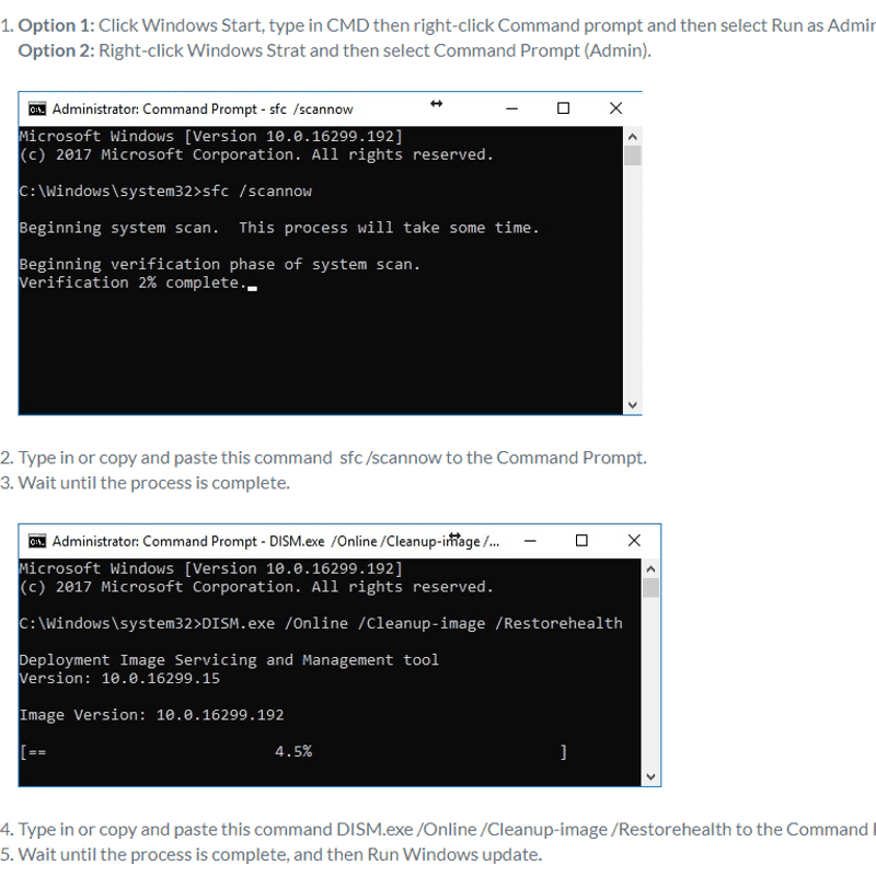 Delete SoftwareDistribution and run DISM command with sfc /scannow command
