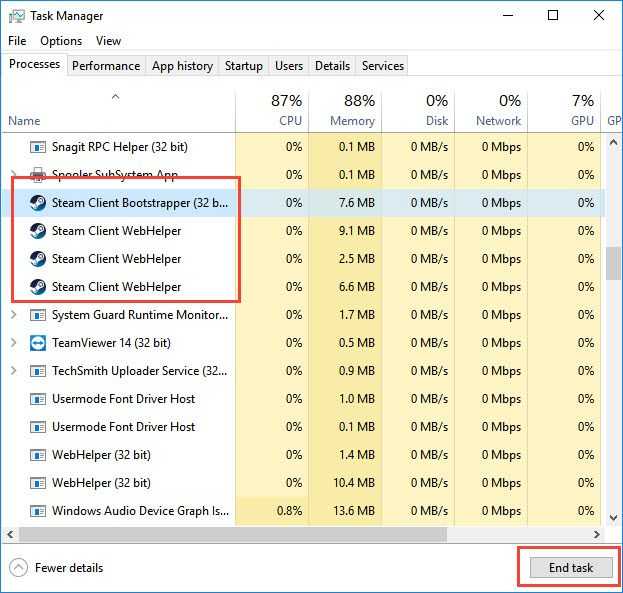 Close all Steam application in the Task Manager