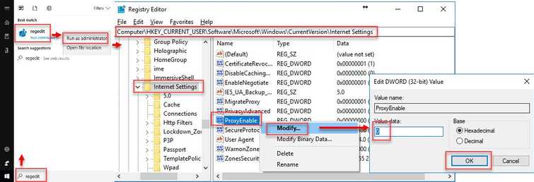 Edit registry to disable proxy settings