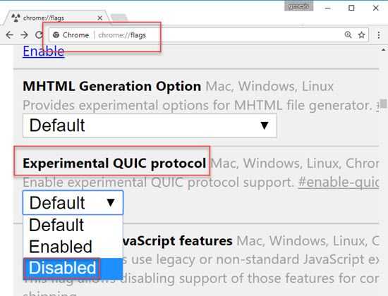 Disable Experimental QUIC protocol
