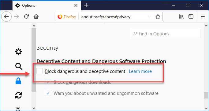 Disable Deceptive Content and Dangerous Software Protection