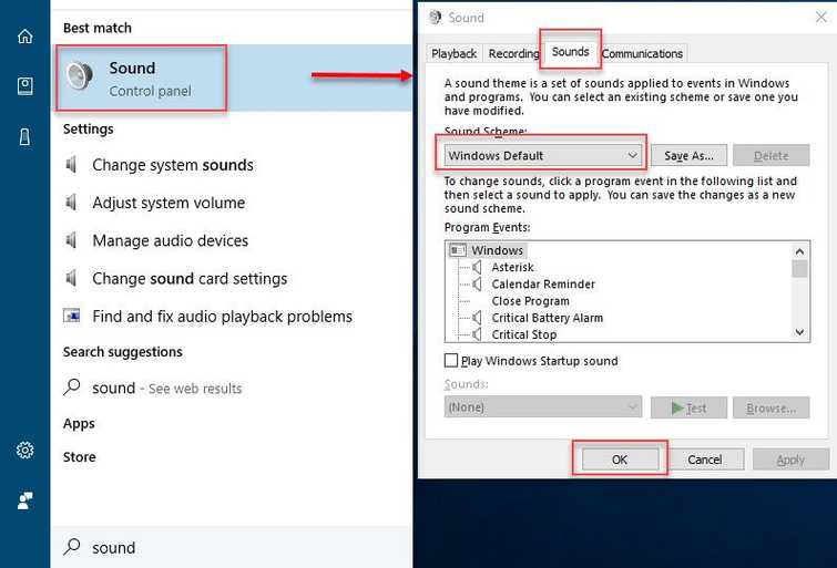 Set Sounds Scheme to Windows Default
