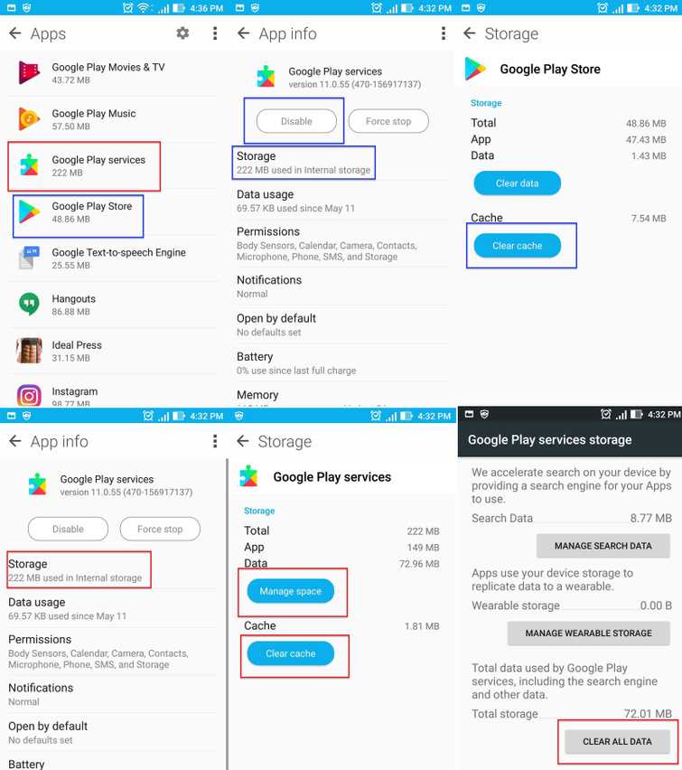 Clear the cache of Google Play store and other services